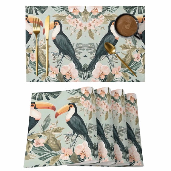 Summer Floral Animal Placemats Set of 6, Black Watercolor Parrot Non-Slip Place Mats Washable Table Mats for Kitchen Dining Table Decorations Indoor/Outdoor