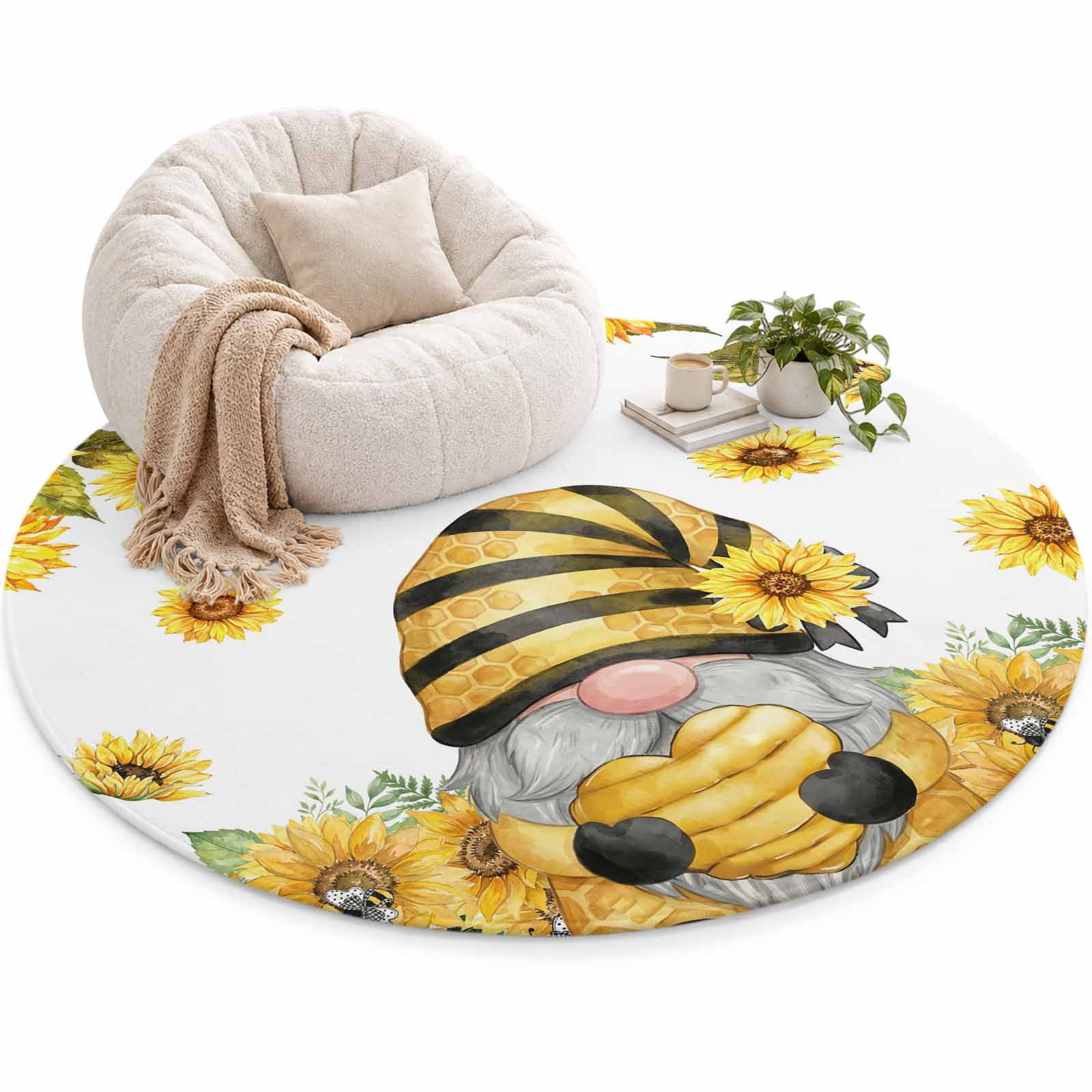Summer Floral Area Rug 5', Watercolor Sunflower Cartoon Gnome Farm Bee ...