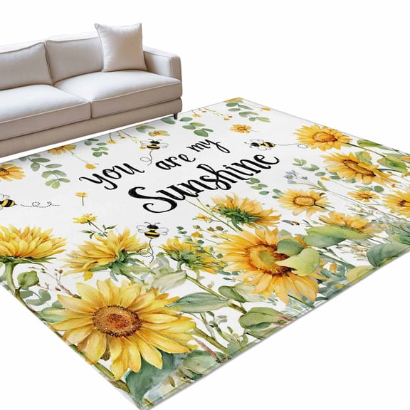 Summer Floral Area Rugs 6x9ft You Are My Sunshine Watercolor Sunflower Leaf Bee Floor Rug Non Slip Low Pile Ultra Soft Throw Carpet for Entryway Indoor Entrance Kitchen Bathroom