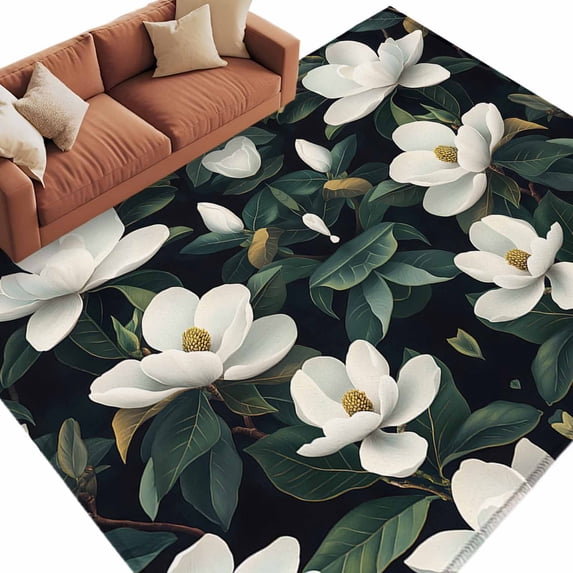 Summer Floral Area Rug 5x7ft Modern White Gardenia Farmhouse Non-Slip Washable Square Rugs Soft Felt Indoor Floor Mat for Bedroom Kitchen Living Room Bathroom