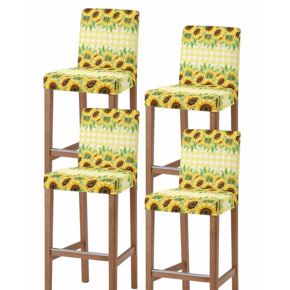Summer Floral Bar Stool Covers Set of 4, Yellow Sunflowers Leaves Botanical Checkered Stretch Bar Chair Covers with Backs, Removable Pub Counter Height Chair Cover for Kitchen Dining Room Cafe