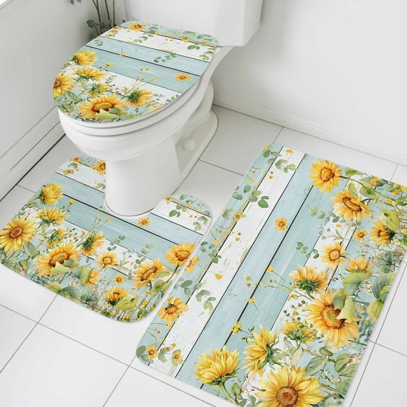 Summer Floral Bathroom Rugs Set Watercolor Sunflower Eucalyptus Leaves Blue Wood Grain Non Slip Absorbent Bath Mats 3 Piece Set with Bathroom Rug, U-Shaped Floor Mat, Toilet Seat Cover Small Size