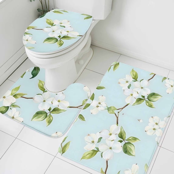 Summer Floral Bathroom Rugs Set White Gardenia Flowers Modern Watercolor Non Slip Absorbent Soft Bath Mats 3 Piece Set with Bathroom Rug, U-Shaped Floor Mat, Toilet Seat Cover Small Size
