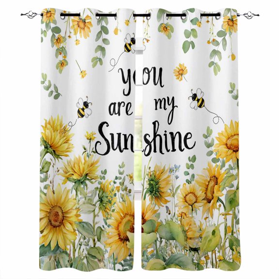 Summer Floral Blackout Curtains 63 Inch Length You Are My Sunshine Watercolor Sunflower Leaf Bee Thermal Insulated Window Curtain Window Drapes 2 Panels for Bedroom Living Room 42"Wx63"L