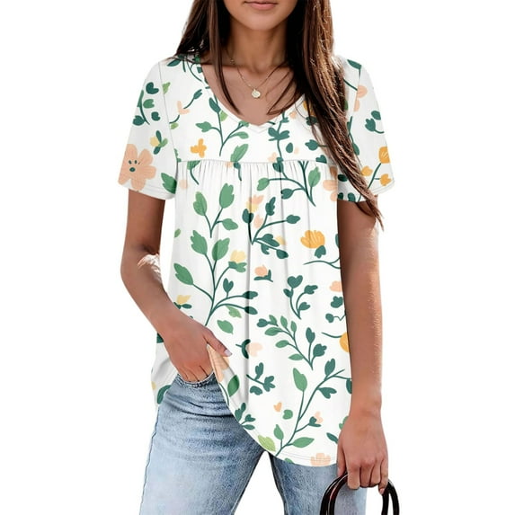 Summer Floral Blouse Women Lightweight, Cruise Wear Tropical Shirts Hawaiian Outfits for Vacation Tops 2025 Beach Spring Women's Casual V-Neck Short-Sleeved Chest Pleated Top Green S