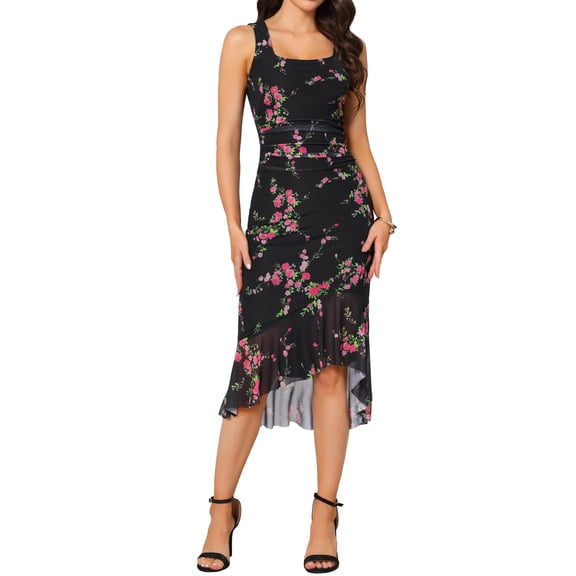 Summer Floral Bodycon Dress for Women's Sleeveless Square Neck Ruched Mesh Fishtail Dresses M Black