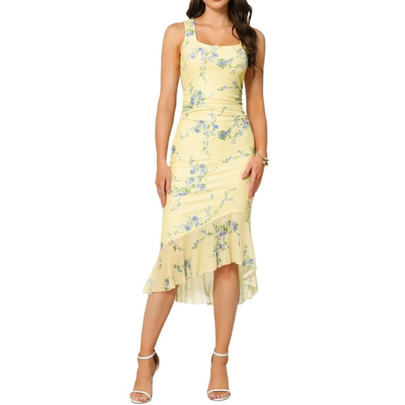 INSPIRE CHIC Summer Floral Bodycon Dress for Women's Sleeveless Square Neck Ruched Mesh Fishtail Dresses M Yellow