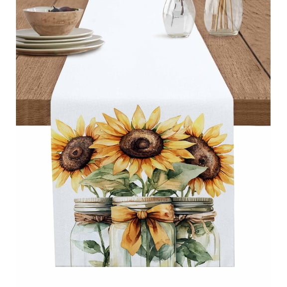Summer Floral Burlap Cotton Table Runner 13x48 Inches Long, Vintage Spring Watercolor Sunflowers Bow Vase Farmhouse Table Runners, Outdoor Dining Tablecloths Decor for Baby Shower/Party/Wedding
