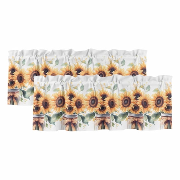 Summer Floral Curtain Valances for Windows, Kitchen Valance Window Treatments Panel 2 Pack, Spring Retro Watercolor Sunflowers Bow Vase Rod Pocket Short Curtains for Bathroom Bedroom 42 x 12 Inch