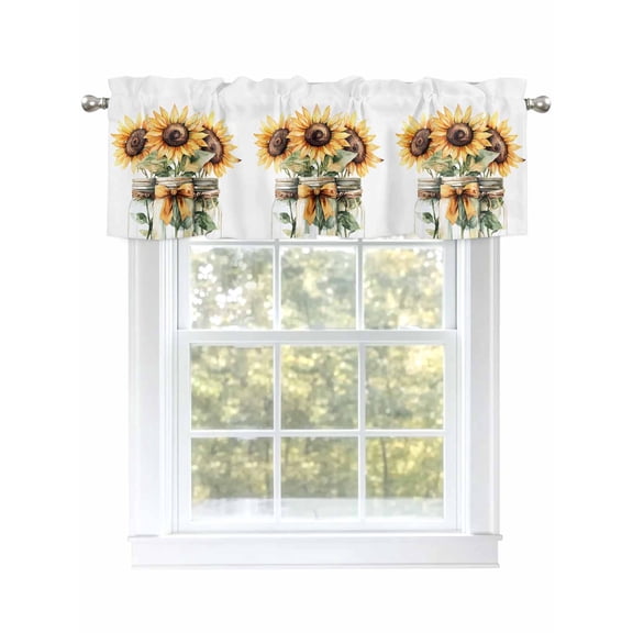 Summer Floral Curtain Valances for Windows, Vintage Spring Watercolor Sunflowers Bow Vase Kitchen Valance Window Treatment, Light Filtering Block Curtains for Bathroom/Bedroom/Living Room 42'' x 12''