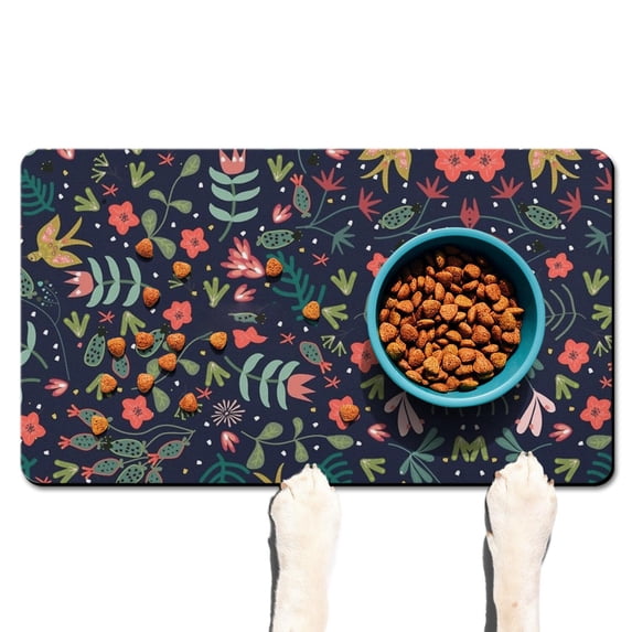 Summer Floral Dog Feeding Mat - Tropical Theme, Non-Slip Absorbent Pet Mat