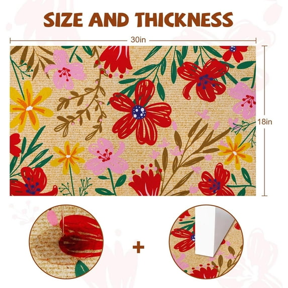 Summer Floral Door mats, Flowers Low Profile Rug Washable Indoor Outdoor, Non Slip Doormat with Rubber Backing, Black Absorbent Carpet Rugs Floor Mat for Outside Patio Home Decor, 17" x 30"