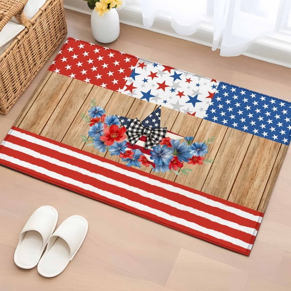 Summer Floral Entryway Rug 2'x3' Independence Day Red Blue Star Stripes Wood Grain Small Area Rug Non-Slip Front Door Mat Washable Floor Carpet for Indoor Entrance Kitchen Bathroom