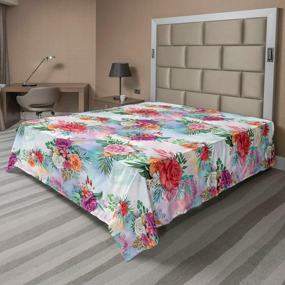 Ambesonne Summer Floral Flat Bedding Sheet Soft Top Sheet, Chill Garden Flowers, California King, Dark Coral Multicolor