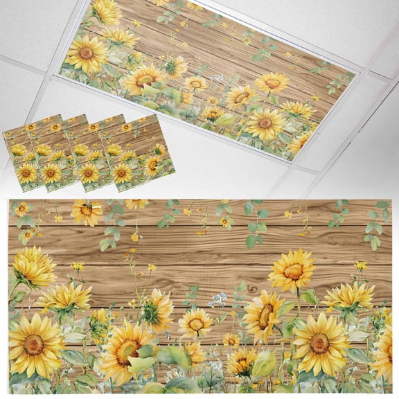 Summer Floral Fluorescent Light Covers Watercolor Sunflower Eucalyptus Leaves Wood Grain Magnetic Light Filters Ceiling Lighting Panel Shade for Classroom Office Home 2 x 4 ft, 4 Pack
