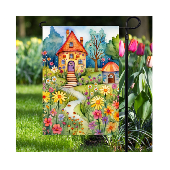 Summer Floral Folk Art Fairy House Flag 28x40 POLE NOT INCLUDED House Flag