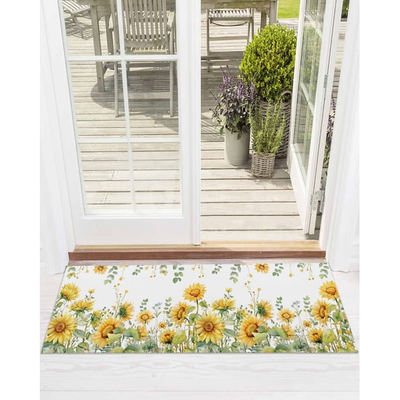 Summer Floral Front Door Mat Watercolor Rustic Farmhouse Sunflower Eucalyptus Leaves Welcome Doormat Indoor Outdoor Entrance Floor Mat Non-Slip Washable Runner Rug for Front Porch Decor 18x60 Inch