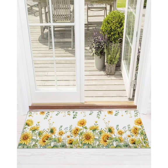 Summer Floral Front Door Mat Watercolor Rustic Farmhouse Sunflower Eucalyptus Leaves Welcome Doormat Indoor Outdoor Entrance Floor Mat Non-Slip Washable Runner Rug for Front Porch Decor 16x47 Inch