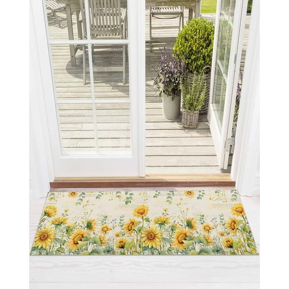 Summer Floral Front Door Mat Watercolor Rustic Retro Sunflower Eucalyptus Leaves Welcome Doormat Indoor Outdoor Entrance Floor Mat Non-Slip Washable Runner Rug for Front Porch Decor 18x60 Inch