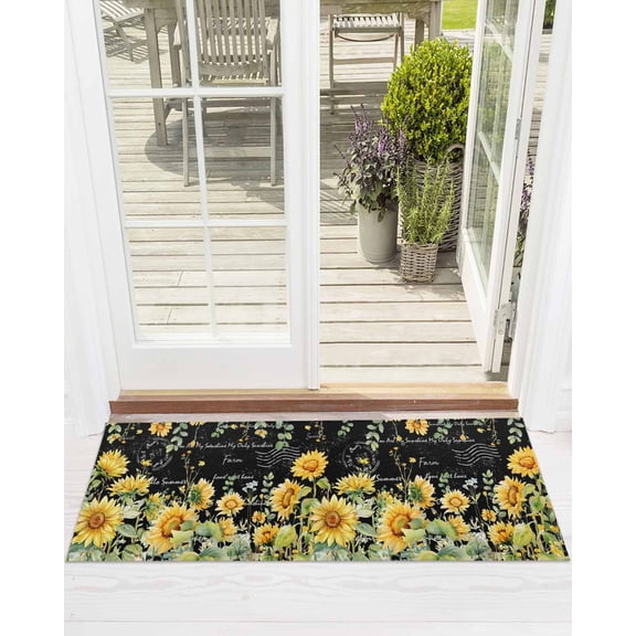 Summer Floral Front Door Mat Watercolor Sunflower Eucalyptus Leaves Letter Print Welcome Doormat Indoor Outdoor Entrance Floor Mat Non-Slip Washable Runner Rug for Front Porch Decor 16x47 Inch