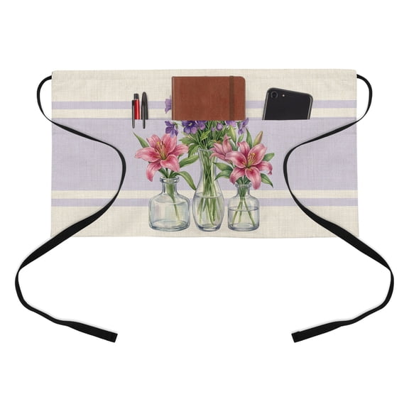 Summer Floral Half Waist Apron Watercolor Lily Rustic Farmhouse Flowers Linen Texture Short Waiter Aprons with 3 Pockets for Women Men Kitchen Restaurant Cooking