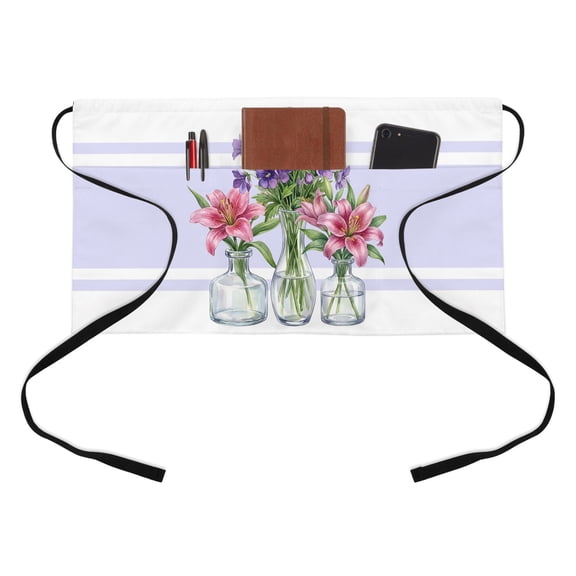 Summer Floral Half Waist Apron Watercolor Lily Rustic Farmhouse Pink Purple Flowers Short Waiter Aprons with 3 Pockets for Women Men Kitchen Restaurant Cooking