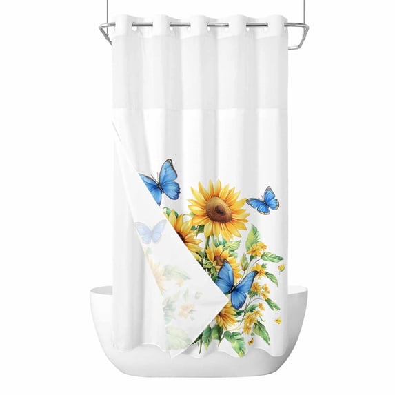 Summer Floral No Hooks Shower Curtain with Snap-in Liner Watercolor Blue Butterfly Romantic Sunflower Farmhouse Shower Curtains for Bathroom, Waterproof, Easy Install, Washable 54"x78"