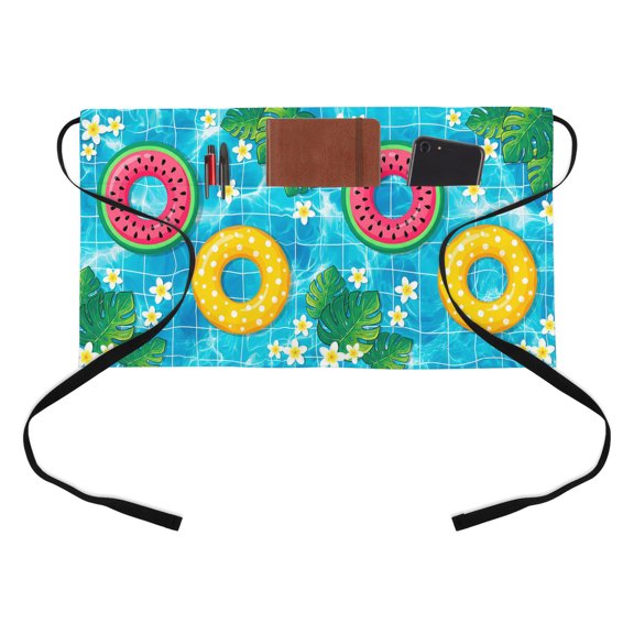Summer Floral Kitchen Restaurant Half Waist Apron, Tropical Leaves Watermelon Swimming Rings Wave Server Short Apron with 3 Pockets Waterproof Oil Waist Aprons for Women Waitress Waiter