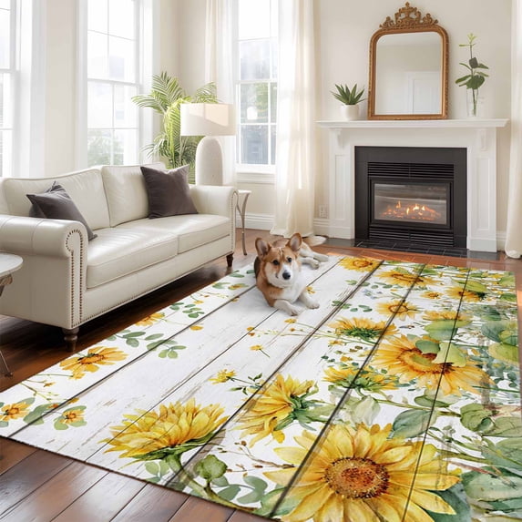 Summer Floral Large Area Rugs 5x8 ft Watercolor Sunflower Eucalyptus Leaves White Wood Grain Washable Rug Non Slip Indoor Carpet Absorbent Floor Mat for Living Room Bedroom Dining Room