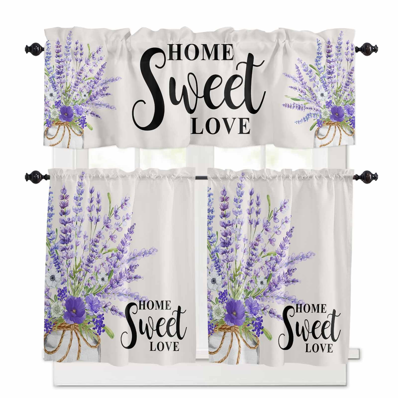 Summer Floral Lavender Kitchen Curtains and Valances Set, Rod Pocket