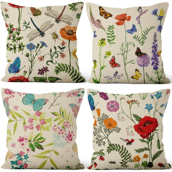 Summer Floral Linen Throw Pillow Covers,Set of 4 18x18 Inch, Wildflower Cushion Cases for Home Decor Sofa Couch Living Room Car