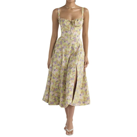 Summer Floral Maxi Dress for Women Spaghetti Strap Square Neck Ruffle Aline Long Dress Cottagecore Bustier Sundress
