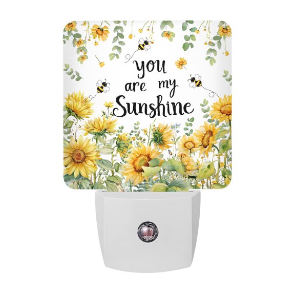 Summer Floral Night Lights, You Are My Sunshine Watercolor Sunflower Leaf Bee Smart Auto Dusk to Dawn Sensor Nightlights Plug-in Nightlight for Bedroom Bathroom Living Room Kitchen Hallway