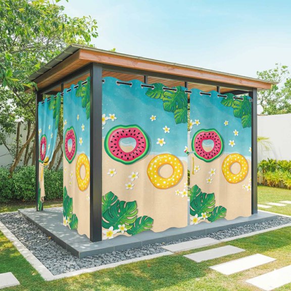 Summer Floral Outdoor Curtains for Patio, Tropical Leaves Watermelon Swimming Rings Beach Sunshade Privacy Drapes Grommet Waterproof Outside Curtains for Porch/Cabana/Balcony 54"x 84", 1 Panel