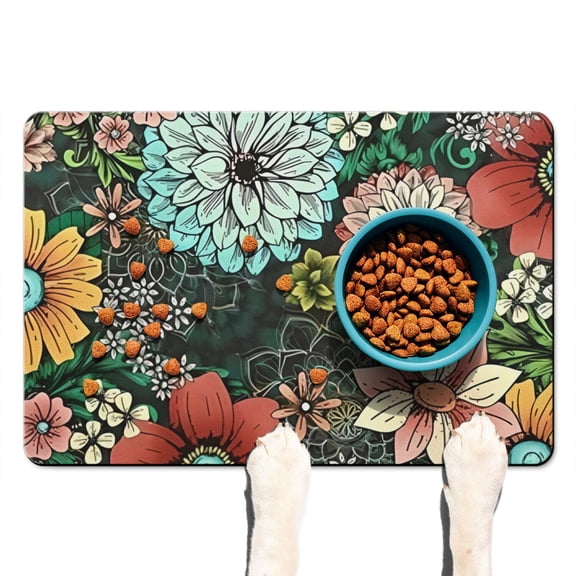 Summer Floral Pet Food Mat - Non-Slip Dog Feeding Mat with Tropical Flower Pattern, Durable & XL Size