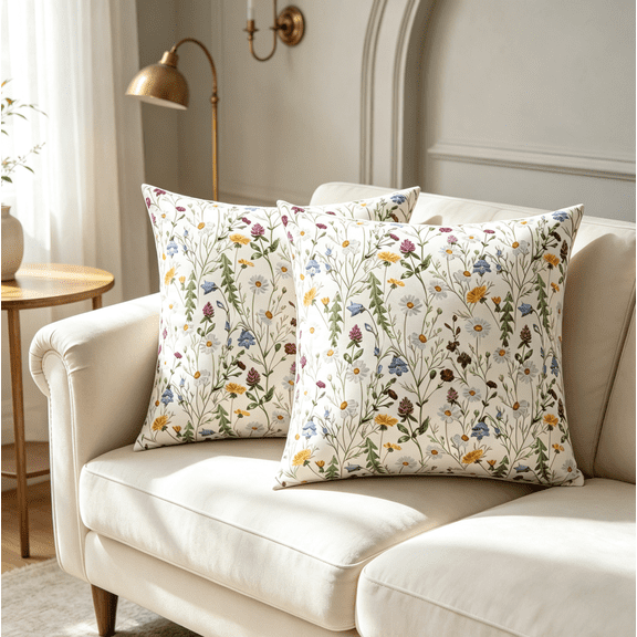 Summer Floral Pillow Covers 18x18 Set of 2 Double-Sided Watercolor Wildflower Decorative Throw Pillow Covers Spring Botanical Cushion Case
