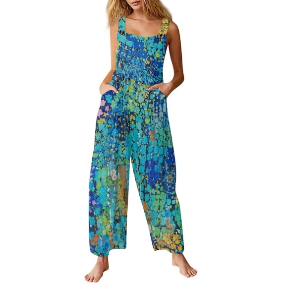 Summer Floral Print Boho Overalls for Women 2026 Plus Size Wide Leg Jumpsuit Pants Rompers with Pockets 5XL