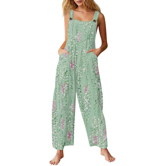 Summer Floral Print Boho Overalls for Women 2026 Plus Size Wide Leg Jumpsuit Pants Rompers with Pockets L