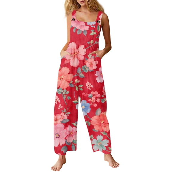 Summer Floral Print Boho Overalls for Women 2026 Plus Size Wide Leg Jumpsuit Pants Rompers with Pockets M