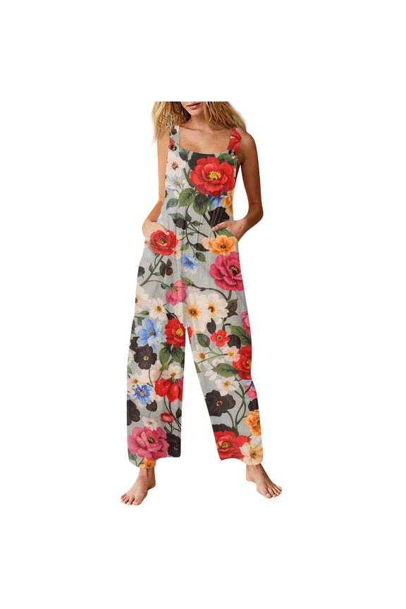 Summer Floral Print Boho Overalls for Women 2026 Plus Size Wide Leg Jumpsuit Pants Rompers with Pockets M