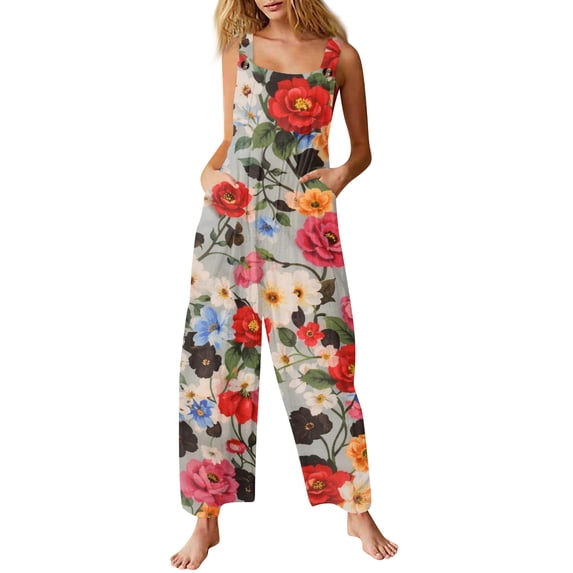 Summer Floral Print Boho Overalls for Women 2026 Plus Size Wide Leg Jumpsuit Pants Rompers with Pockets S