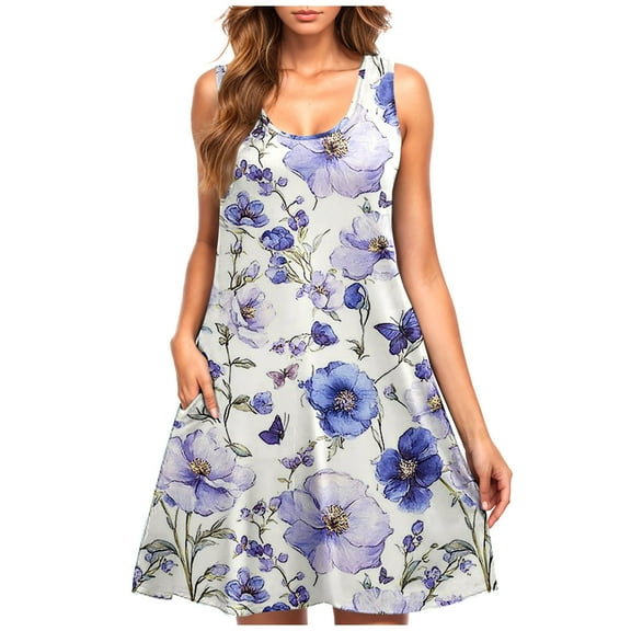 Summer Floral Print Sleeveless Dress for Women Scoop Neck A-Line Casual Tank Dresses Beach Vacation Sundress