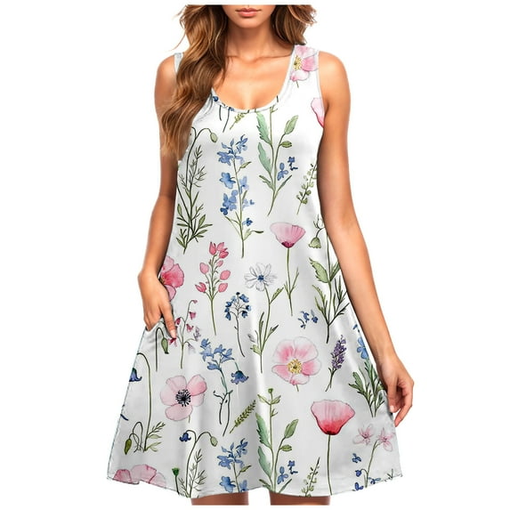Summer Floral Print Sleeveless Dress for Women Scoop Neck A-Line Casual Tank Dresses Beach Vacation Sundress