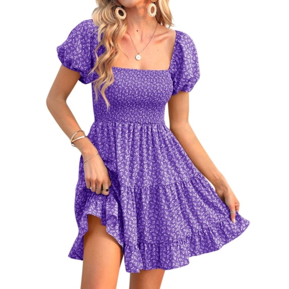 Summer Floral Print Women Square Neckline Ruffle Mini Dress
