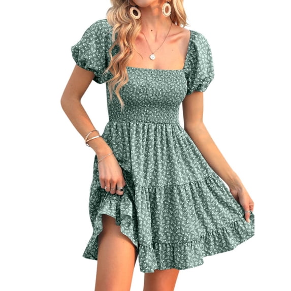 Summer Floral Print Women Square Neckline Ruffle Mini Dress