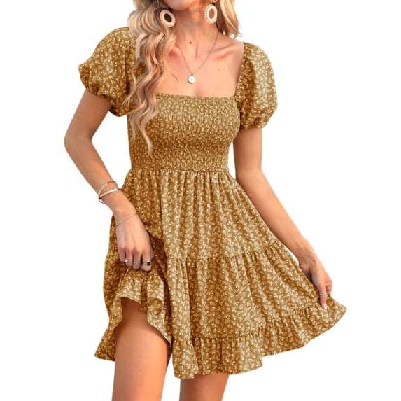 Summer Floral Print Women Square Neckline Ruffle Mini Dress