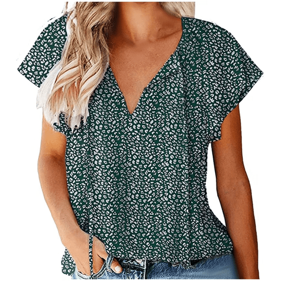 Summer Floral Printed Tops Short Sleeve Blouses for Women Casual Boho V Neck Tops Drawstring Short Sleeve T Shirt Blouses