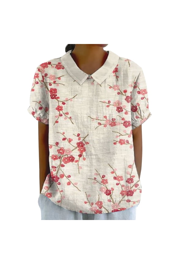 Summer Floral Printed Tshirt for Women Lightweight Shirt Breathable Tops V Neck Polo Shirt Vintage Tee Graphic Polo Neck Tops Office Work Tops Plain Puff Sleeve Tops Short Sleeve Summer Linen Shirts