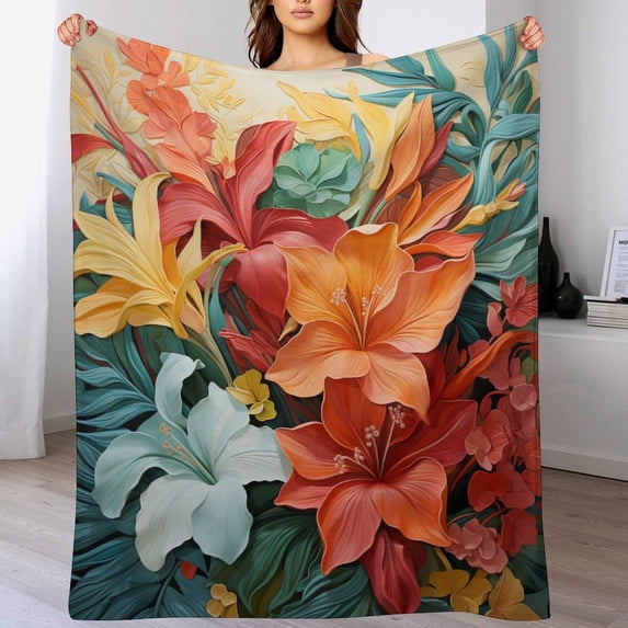Summer Floral Red And Emerald Decorative Flannel Blanket 50"x60" Tropical Hibiscus Flowers Throw Blanket Ultra Soft Warm Fleece Blanket for Winter Bedding Couch And Gift Throw Blanket