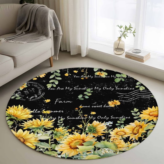 Summer Floral Round Area Rugs 3 ft, Watercolor Sunflower Eucalyptus Leaves Letter Print Washable Small Area Rug with Non-Slip Sturdy Edge Binding Round Front Door Mat Floor Carpet for Entryway
